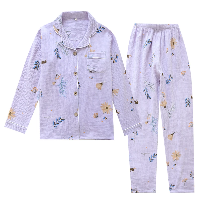 

Women Autumn Leisure Loose Comfortable Soft Purple Print Pajamas Loungewear 100% Gauze Crepe Cotton Breathable Pajama Sleepwear