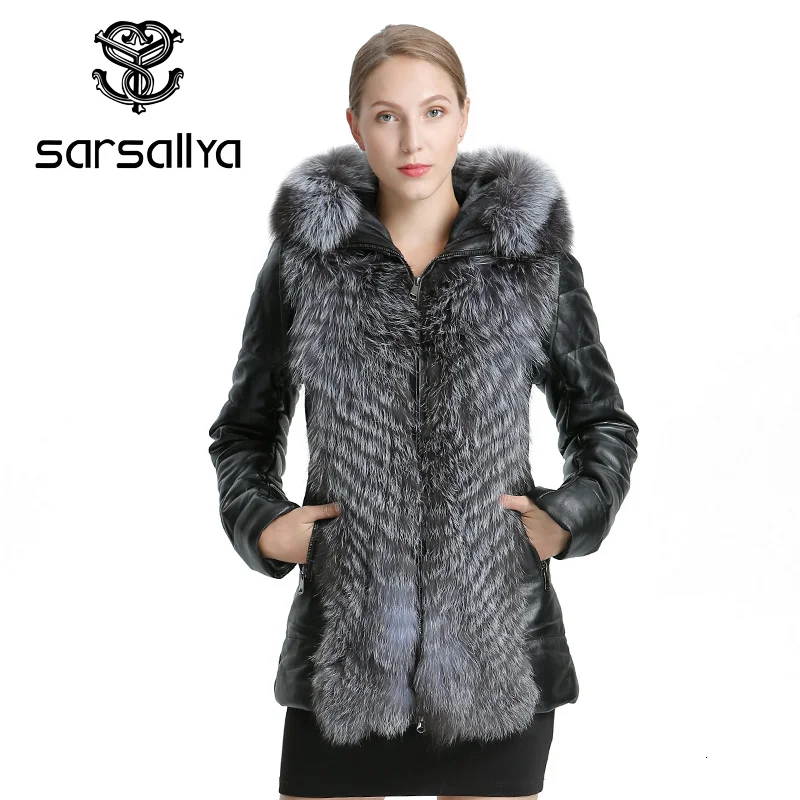 SARSALLYA Women Leather Jacket Coat Winter Warm Overcoat Natural Fox Fur Coat Detachable Jacket Real Fur Female Casual Women