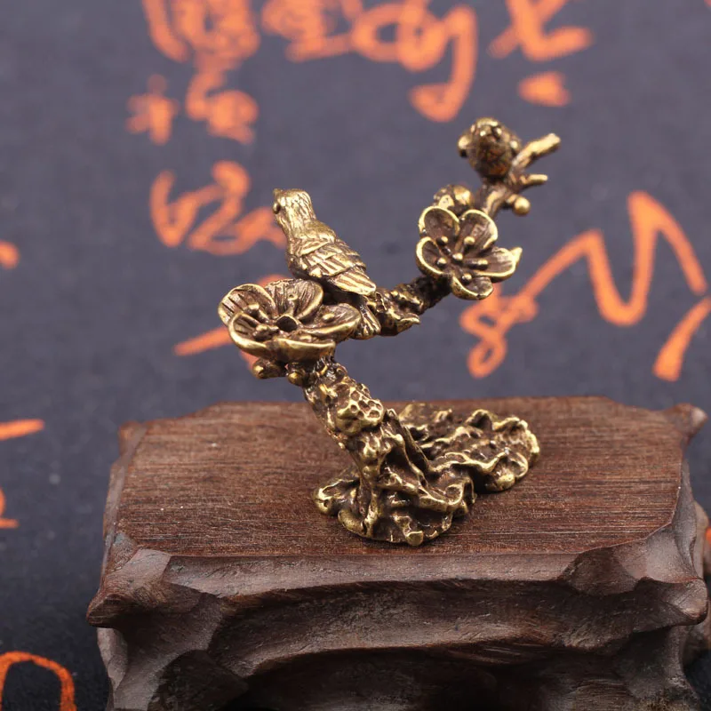 Pure Copper Plum Tree Happy Magpie Bird Miniature Ornaments Antique Brass Cuckoo Figurine Tea Table Decorations Desk Decor Craft