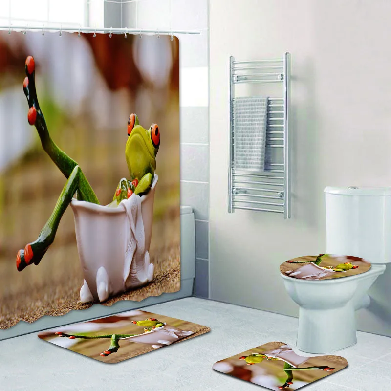 Funny 3D Frog on Toilet Shower Curtain Set Porcelain Tree Frog Bathroom Curtain Kid Bath Mats Rugs Carpet Home Decor Accessories