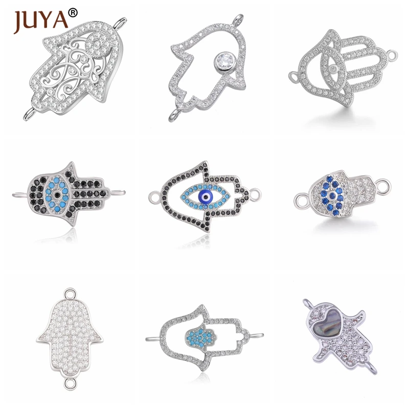 Juya Series Copper Metal Inlay Zircon Hamsa Hand Charm Connectors Fatima Hand Jewelry Findings Accessories For Bracelets Making