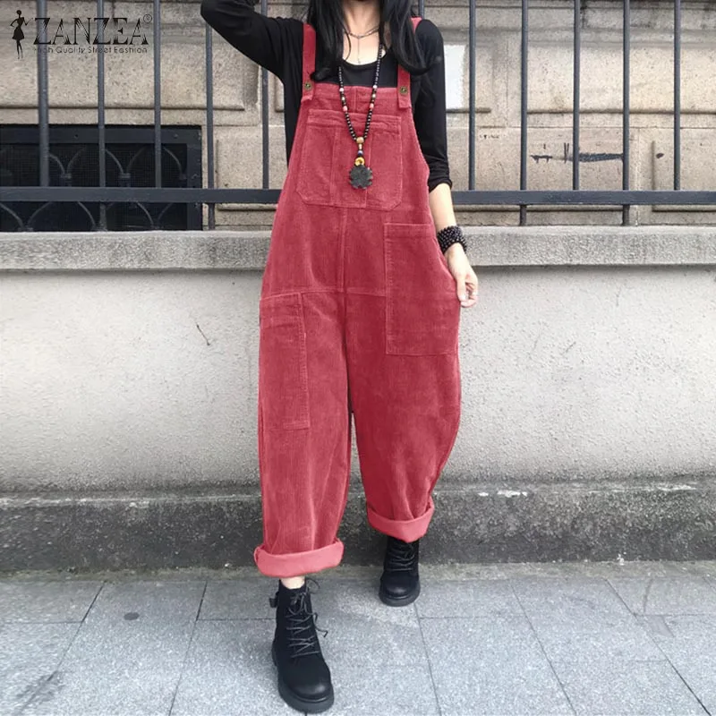 Women's Autumn Overalls ZANZEA 2023 Kaftan Corduroy Jumpsuits Casual Suspender Harem Pants Female Solid Rompers Femme Oversize