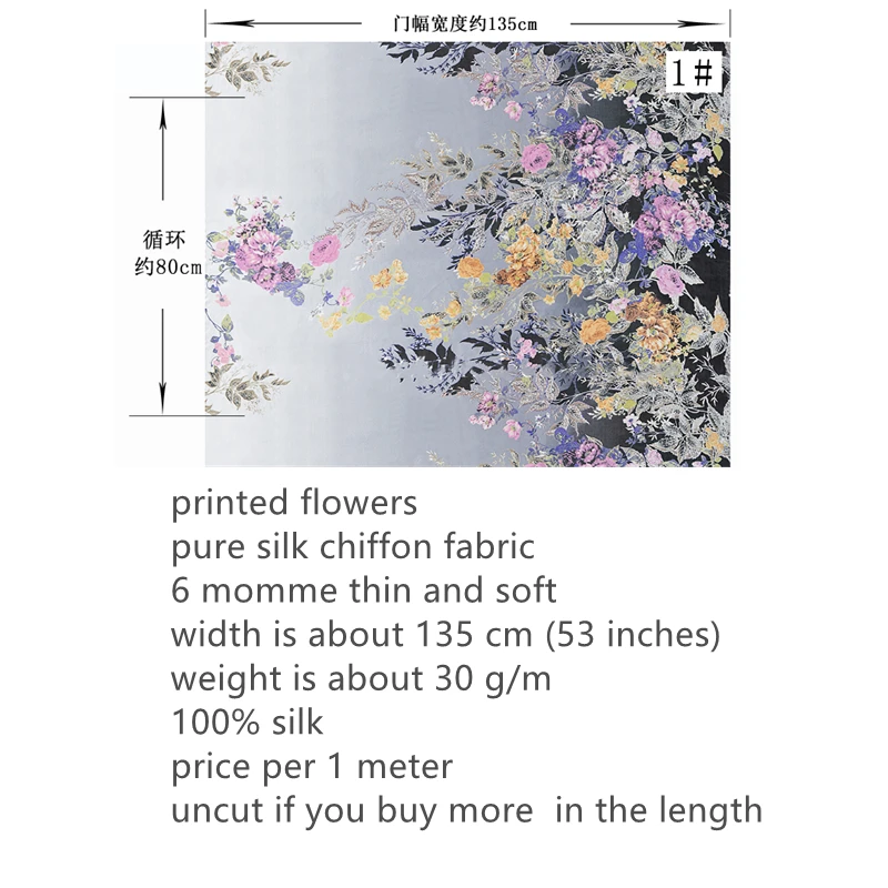 Grey Printed Chiffon Fabric 6 mm 100% Silk Pure Cloth Thin Soft Tulle DIY Flowers Quilting For Patchwork Scarf Gown Per Meter