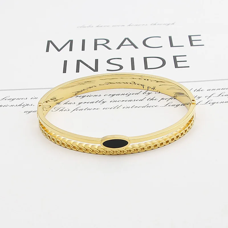 Bilateral Chain Shape And Oval Black Enamel Bangle stainless steel Gold Color Woman Bracelet Jewelry Wholesale Femme Gift