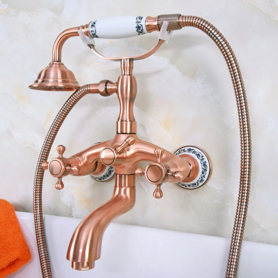 

Bathtub Faucets Dual Cross Handles Antique Red Copper Bathroom Tub Faucet with Hand Held Shower Sprayer zna325