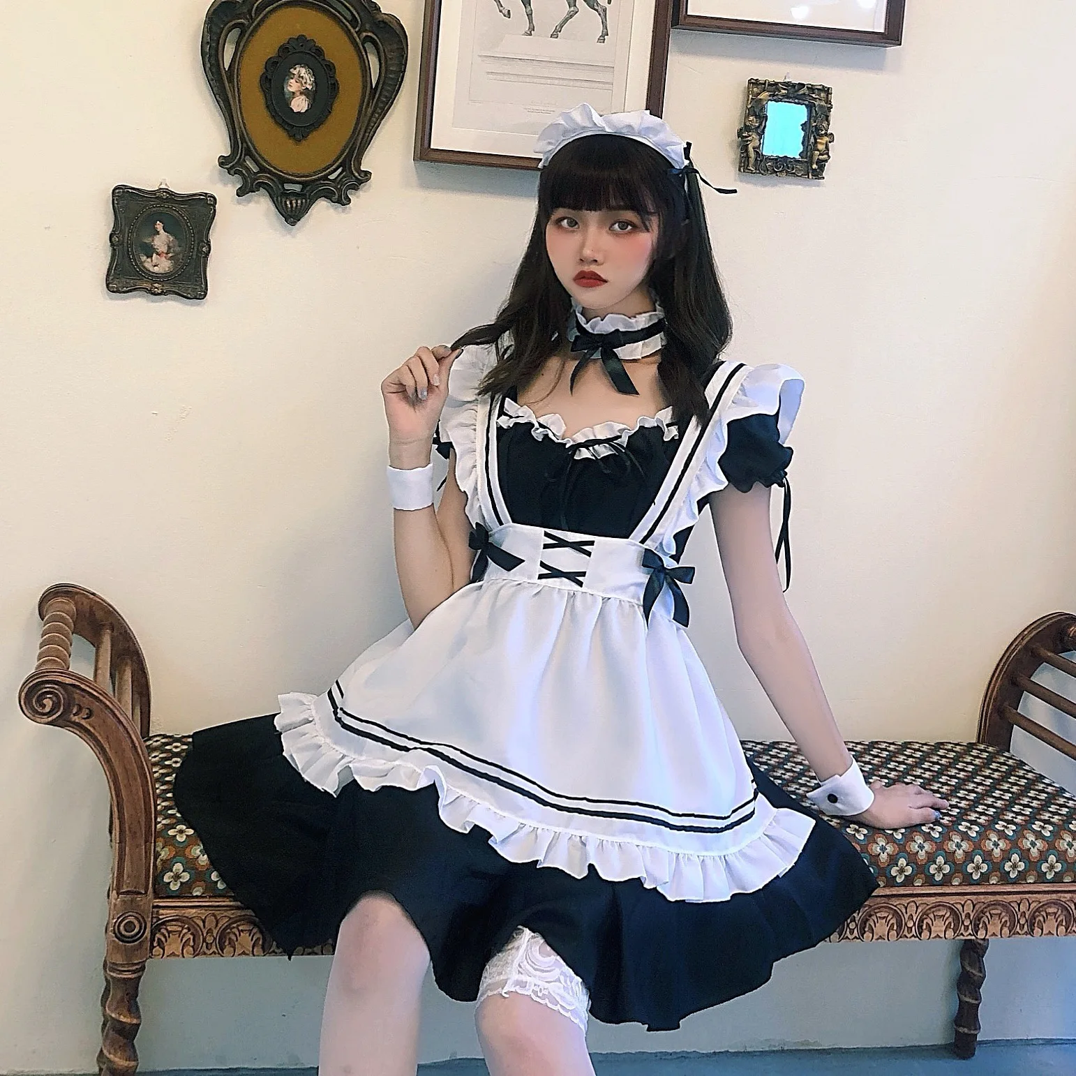 Vestidos Lolita pretos para mulheres, Maid Outfit, Traje Cosplay Gato Bonito, Vestido de avental, Trajes de Halloween, Terno