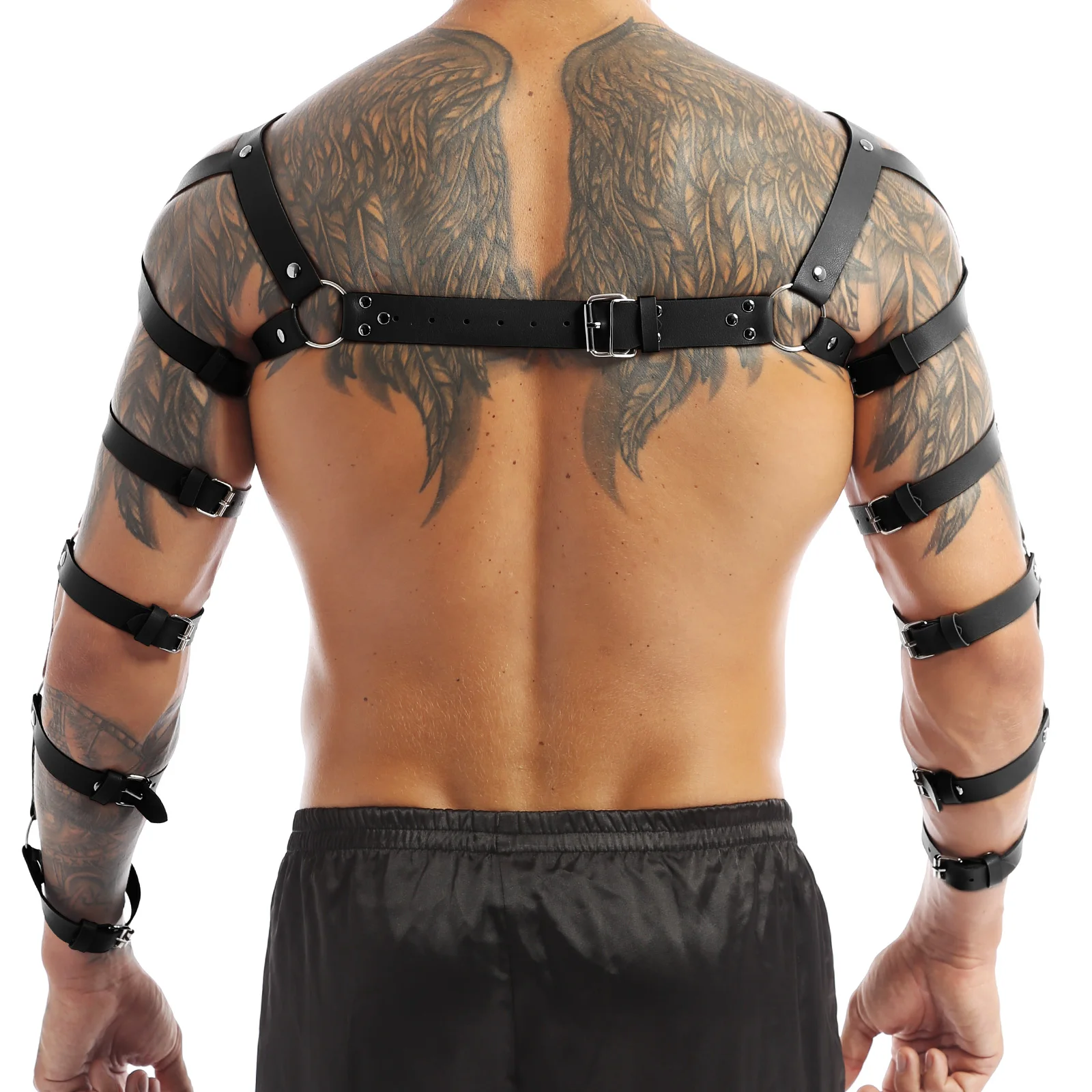 Męskie gotyckie Clubwear Faux Leather Body Chest Muscle uprząż Sexy Man Body Cage Gay erotyczne zbiorniki O Ring ramię Armors pasek na ramię