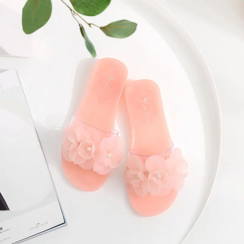 New Style Ladies Slippers Flower Jelly Crystal Slippers Summer Ladies Transparent Outer Wear Non-slip Sandals Flip Flops Shoes