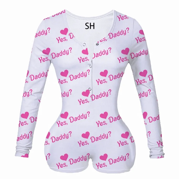 Sexy Women Print Elegant Sleepwear Pajamas Nightwear Pajama Long Sleeve Shorts Leotard Home Wear Tracksuit Buttons Bodysuit