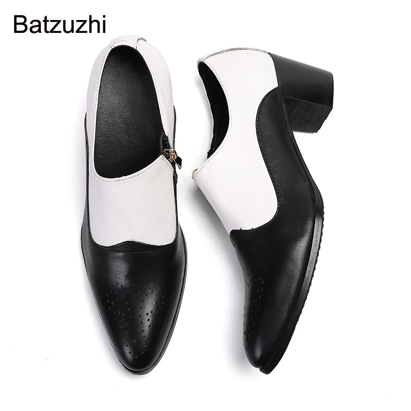 Batzuzhi 7cm Heels High  Men's Shoes Japanese Type Fashion Black White Leather Dress Shoes Men for Party/Wedding, Sizes US6-12