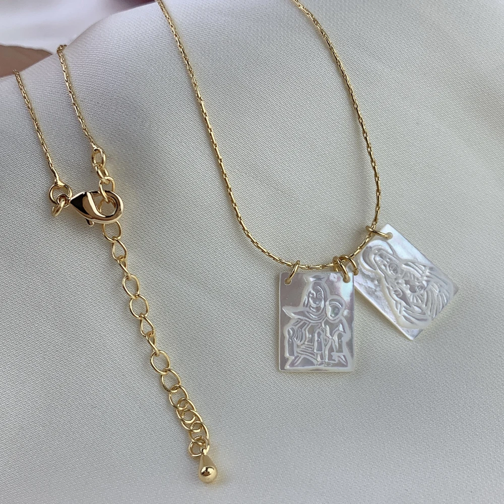 يسوع مريم العذراء Scapulary قلادة مجوهرات الدينية الفولاذ المقاوم للصدأ الأم الطبيعية اللؤلؤ قذيفة قلادة الرقبة للنساء