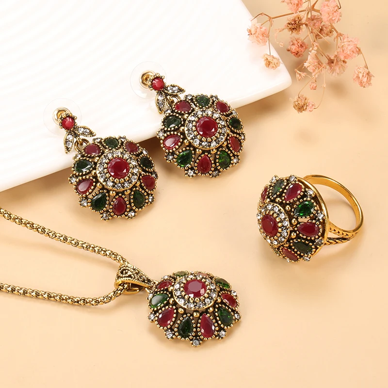 Kinel Hot Ethnic Bride Crystal Flower Earring Ring Jewelry Sets Fashion Antique Gold Necklace For Women Boho Jewelry Wholesale