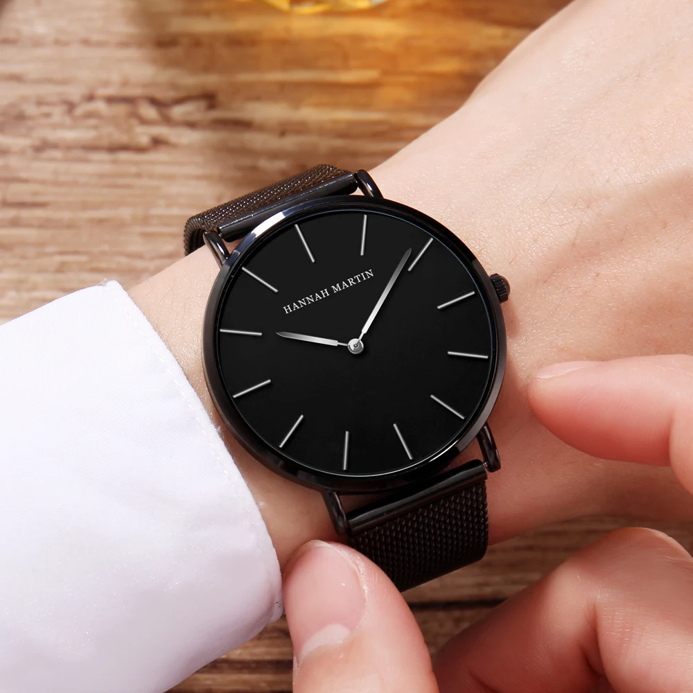 Drop shipping Hannah Martin Waterproof Japan Quartz Movement Stainless Steel Mesh Band Fashion Male Black Rose gold Watches Men