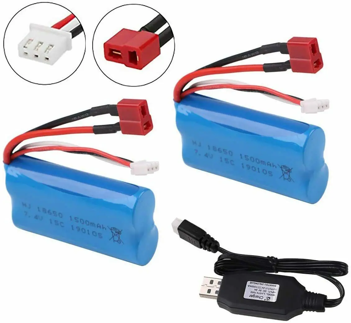 2x 1500mAh 7.4V 2S Li-ion Battery Deans T Plug w/ Charger WLtoys 4WD RC Cars Burst model Vehicle power pack