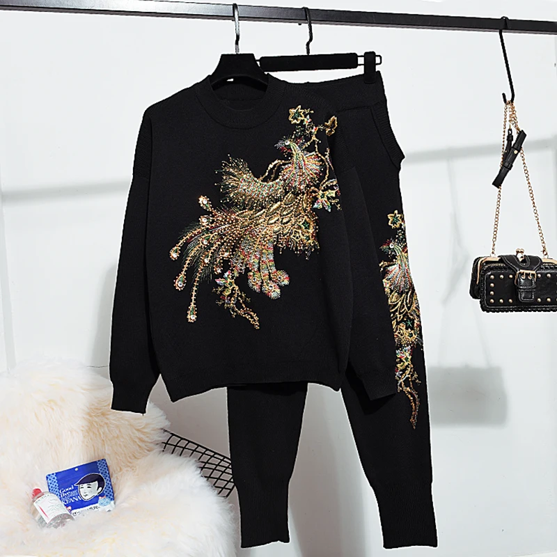 Fashion Knitted Two Piece Set Women Loose Embroidery Tracksuits Beading Peacock Pullover Sweater Pencil Pants Outfits 2pc Female