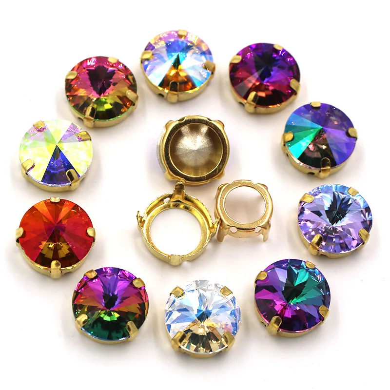 6mm/8mm/10mm/12mm/14mm Round Shape Glass Crystal Rivoli Gold Claw Rhinestones Sew On Applique/Dress/Clothing Accessories