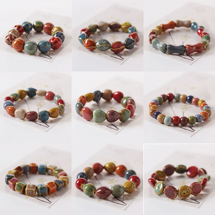 1pc Ethnic Style Fashion Glaze Ceramic Multicolor Beaded Dainty Bracelets Strand Bracelet Elastic Braclet For Women Loves' Gifts