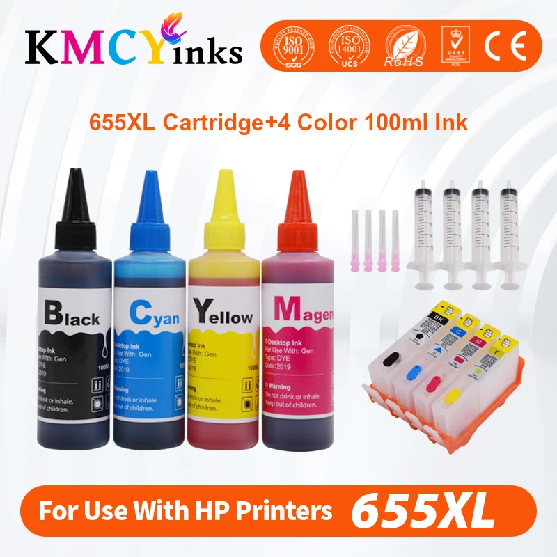 KMCYinks 655 Refillable Ink Cartridge For HP deskjet 3525 5525 4615 4625 4525 6525 6625 + Dey ink bottle 4 color Universal 400ml