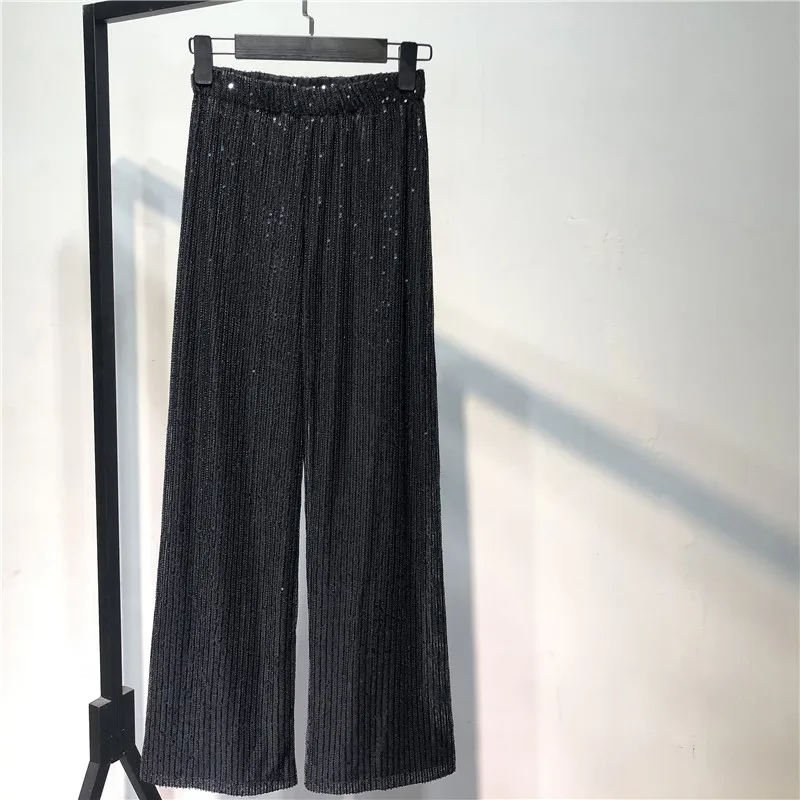 Sidaimi Silver Full Sequined 2022 Women Wide Leg Pant Elastic Waist Bling Luxury Chic Capris Casual Gold Long Pant Female Club