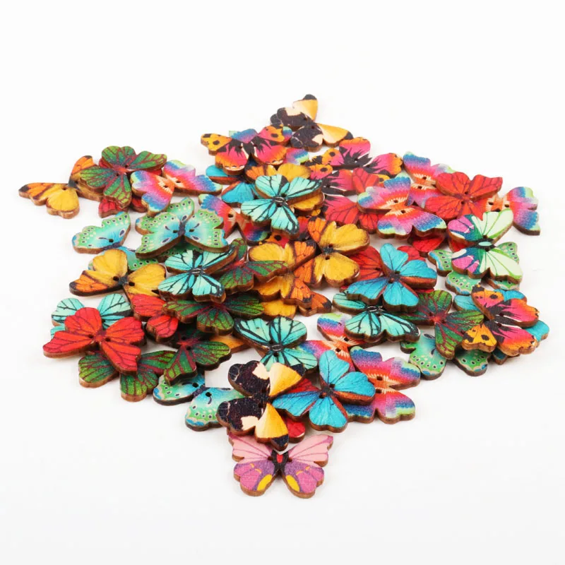 Wooden Mixed Color Butterfly Shape Buttons 2 Holes Handmade Clothing Sewing Scrapbooking Crafts DIY 28x20mm 30pcs