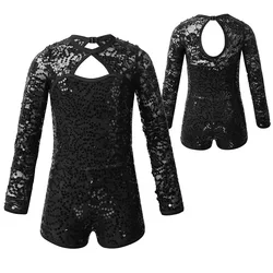 iEFiEL Kids Girls Floral Lace  Long Sleeves Shiny Sequins Keyhole Back Ballet Dance Gymnastics Leotard Jumpsuit Biketard Dress