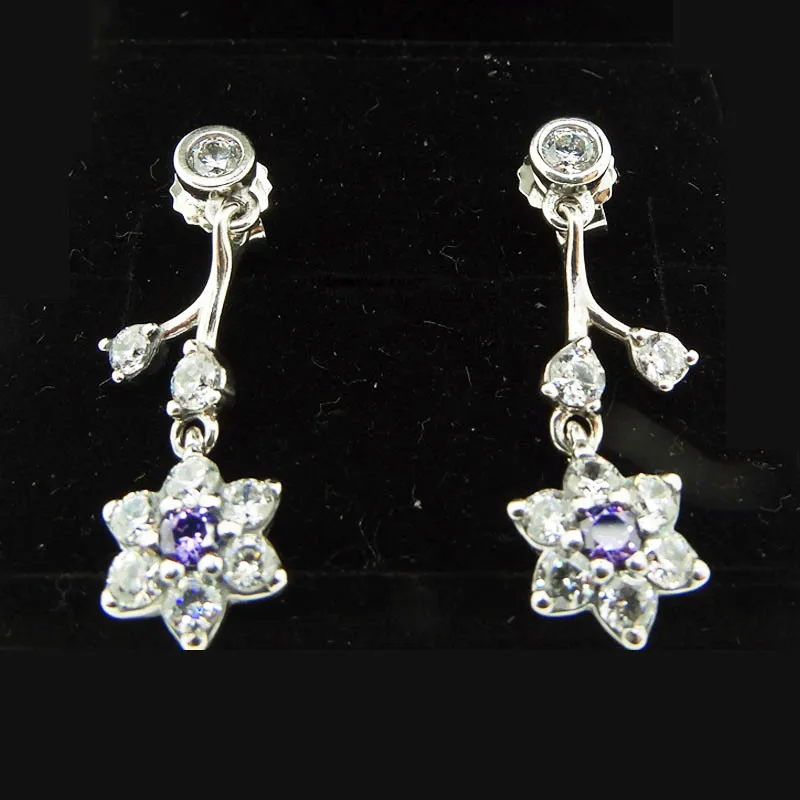 Forget Me Not Flower Drop Earrings Paved Zircon 925 Sterling Silver Earrings for Women Jewelry Purple & Clear CZ Dangle Earrings