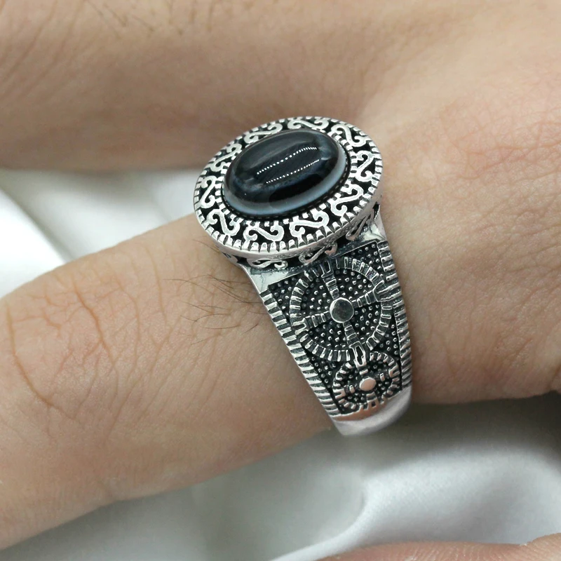 925 فضة خاتم الرجال الطبيعي الحجر الدائري الإسبنيل الرجعية نمط الرجال غرامة مجوهرات