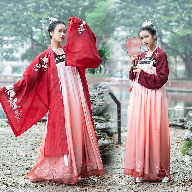 

Hanfu Women Traditional Dance Costume Embroidered High Waisted Rave Performance Clothing Folk Chinese Hanfu Vestido Chino YB1079