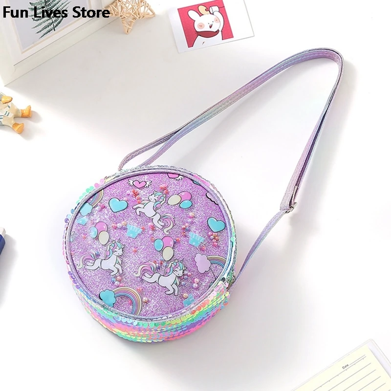 Round Shape Sequins Shoulder Handbag Unicorn Crossbody Coin Bag Children Kids Holiday Travel Pocket Pack Cartoon Phone Purse