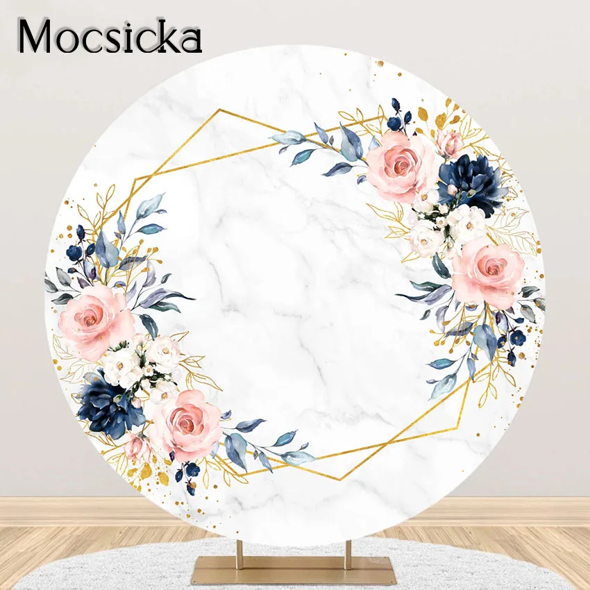 Mocsicka Navy and Blush Party Decoration Backdrop Geometric Blue Navy Gold Floral Wedding Party Round Circle Cover Photoshoot