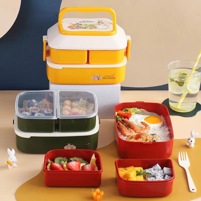 850ml Kids Food Storage Box Portable Lunchbox 2 Layer Microwave Bento Box Movable Fruit Container With Cutlery