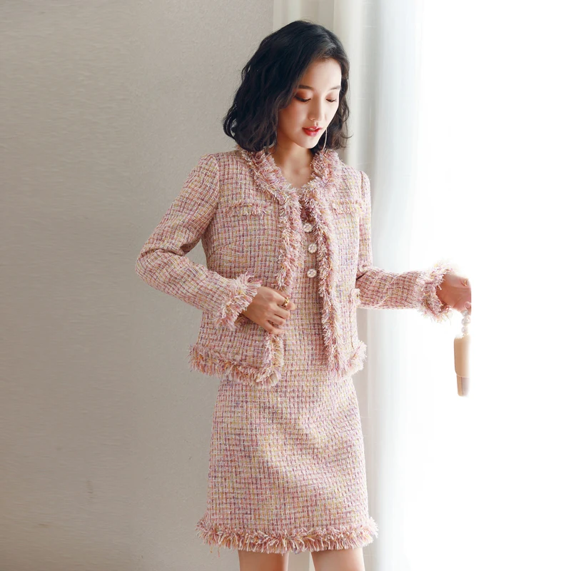 Pink Plaid Tweed jacket +  sleeveless dress suit spring /autumn / winter women\'s jacket Business ladies 2 piece suit