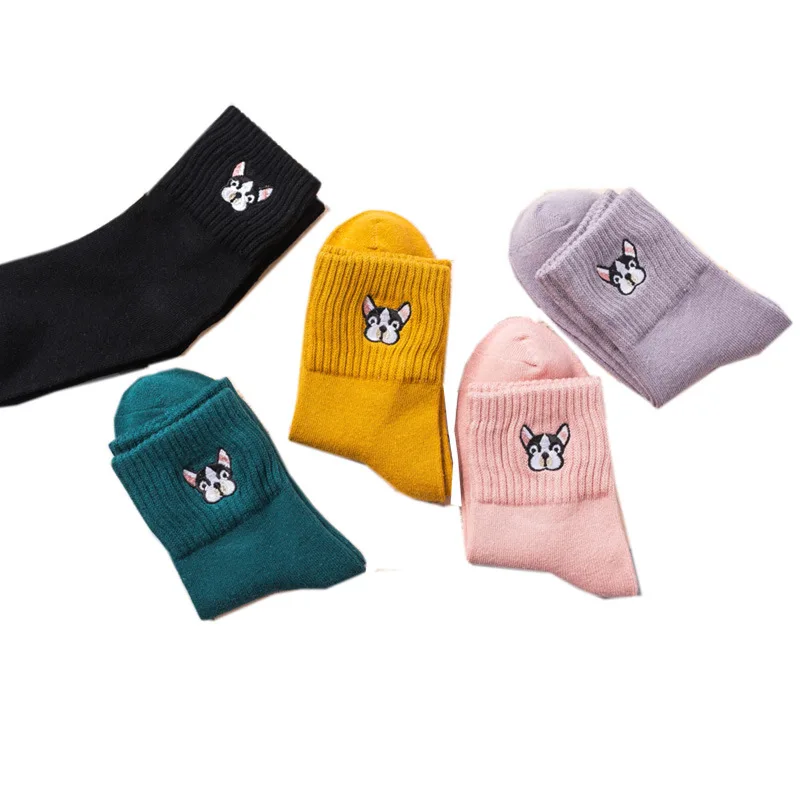 Socks for women cotton embroidery French bulldog sock ladies cartoon winter thick socks female casual kawaii sox dropshipping