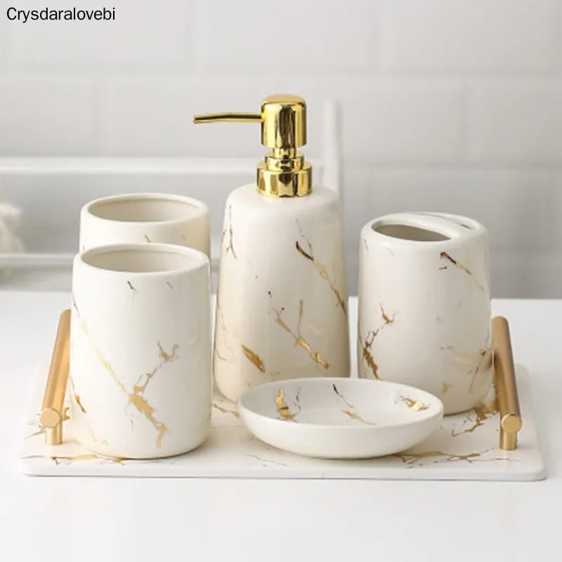 Milky Ceramic Toiletries Bathroom Accessories Set Marble Porcelain Toothbrush Holde Soap Dispenser Bathroom Tray Home Decoration