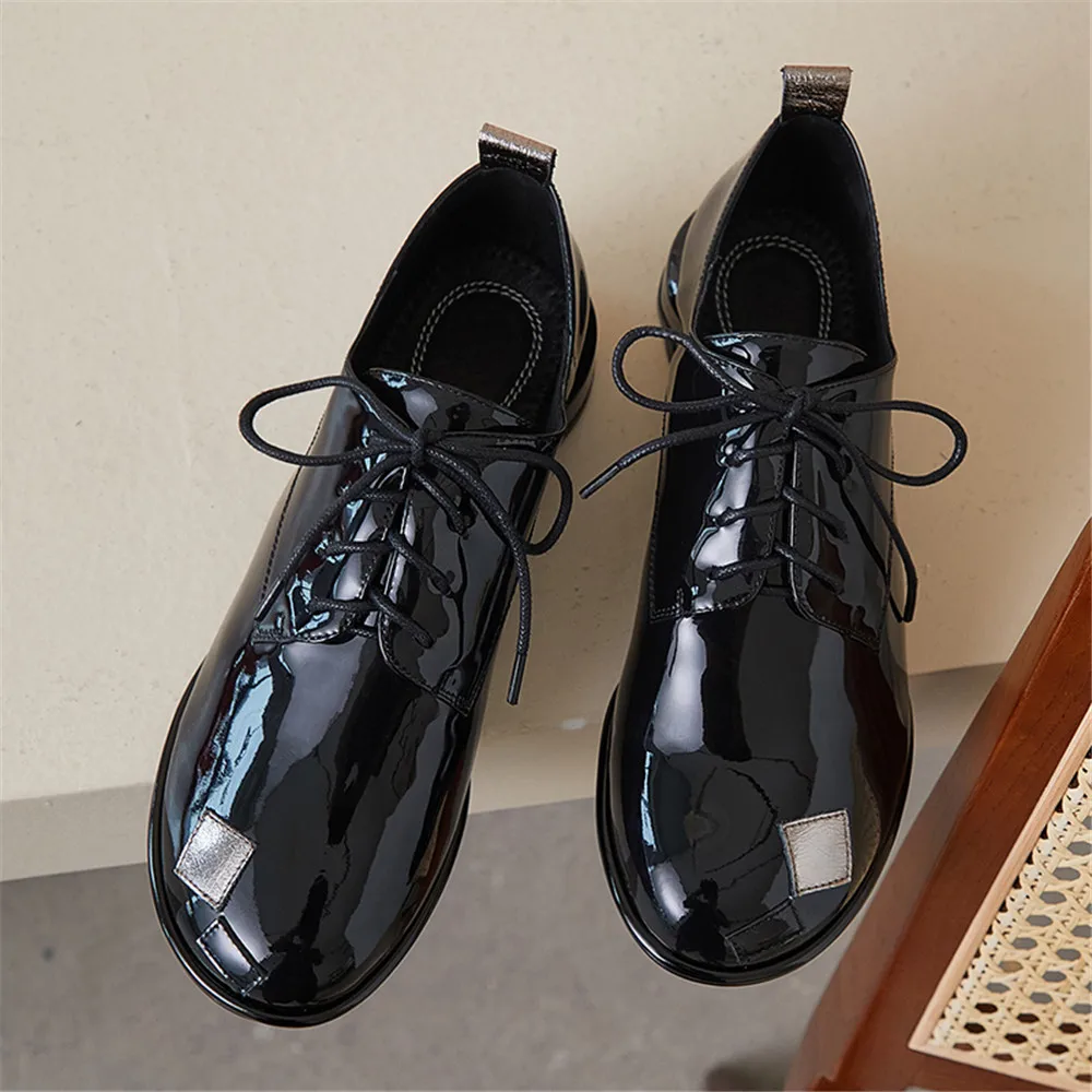 Orignice Fashion Mixed Color Women Patent Leather Pumps Round Toe Lace Up Low Thick Heels Plus Size 34-43 Handmade For Ladies