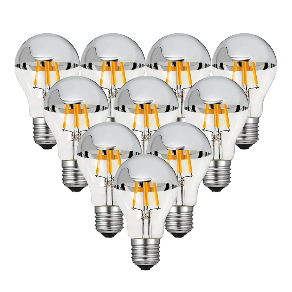A19 Dimmbare LED Edison Glühbirne E27 4W 8W 220V Top Silberne Schale mit Tropfenförmigen Filamenten LED-Birne Halb Chrom A60 Kronen-Vintage-Leuchte