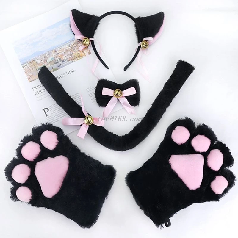 Women Lady Cat Kitty Maid Cosplay Costume Set Plush Ear Bell Headband Bowknot Collar Choker Tail Paws Gloves Anime Props