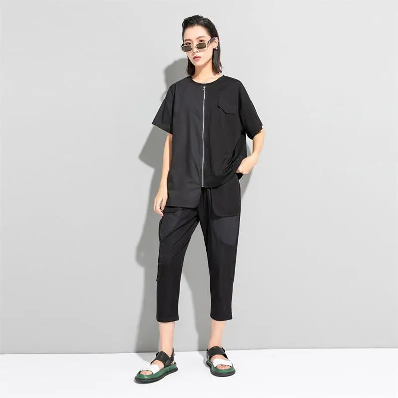 Ladies Short Sleeve T-Shirt Summer New Classic Dark Personality Asymmetric Stitching Zipper Design Loose Size Half Sleeve