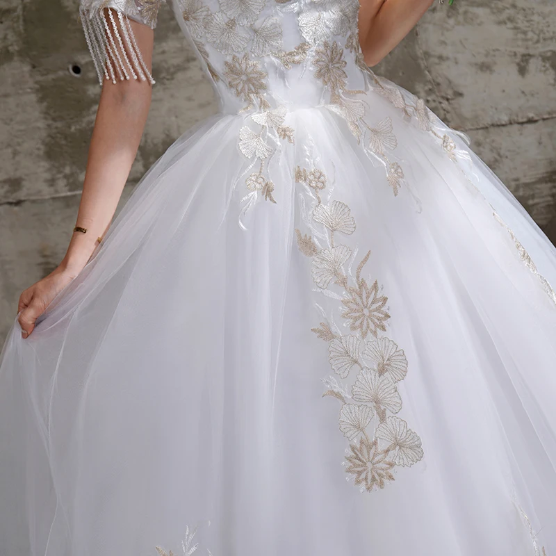 XXN-111 # abito da sposa sposa manica corta fasciatura pizzo ricamato su abito da ballo netto Lace up o-collo abiti da festa all'ingrosso economici