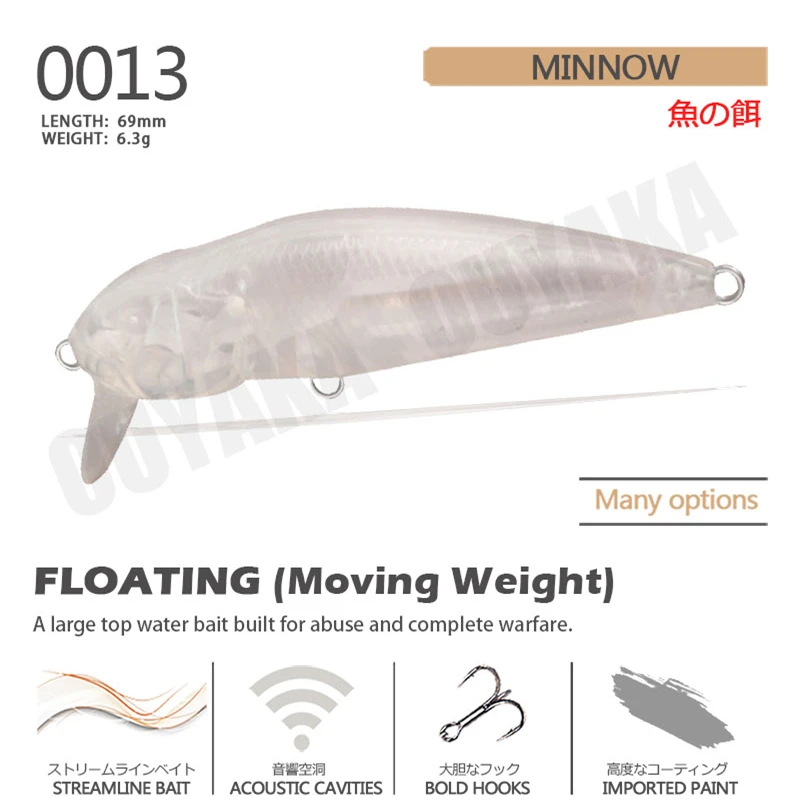 Winter Fishing Accessories Lure Blank Unpainted Minnow Weights 6.3g 6.9cm Floating ABS DIY Isca Artificial Wobbler Leurre Angeln