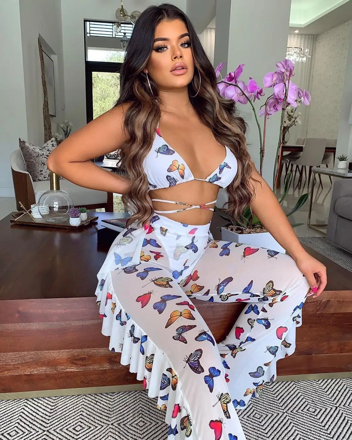 

BKLD Sexy Women Clothing 2024 New Arrivals Butterfly Printed Halter Lace-Up Push-Up Bras And Pants Mesh Two Piece Set Outfit