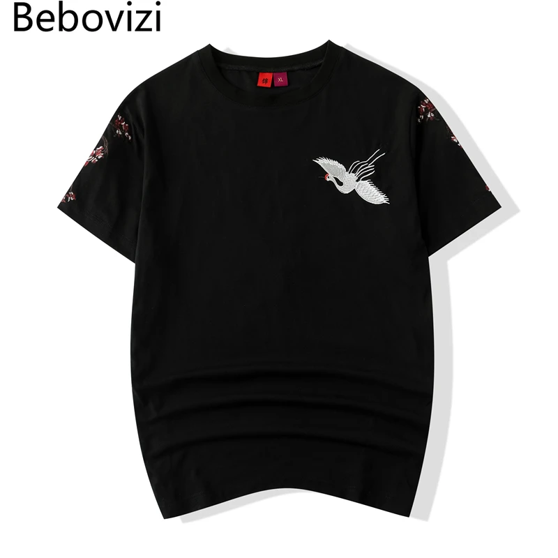 2021 Chinese Style Men Streetwear Harajuku T-Shirt Fashion Crane Embroidery Tshirt Summer Japanese Short Sleeve T Shirt Casual