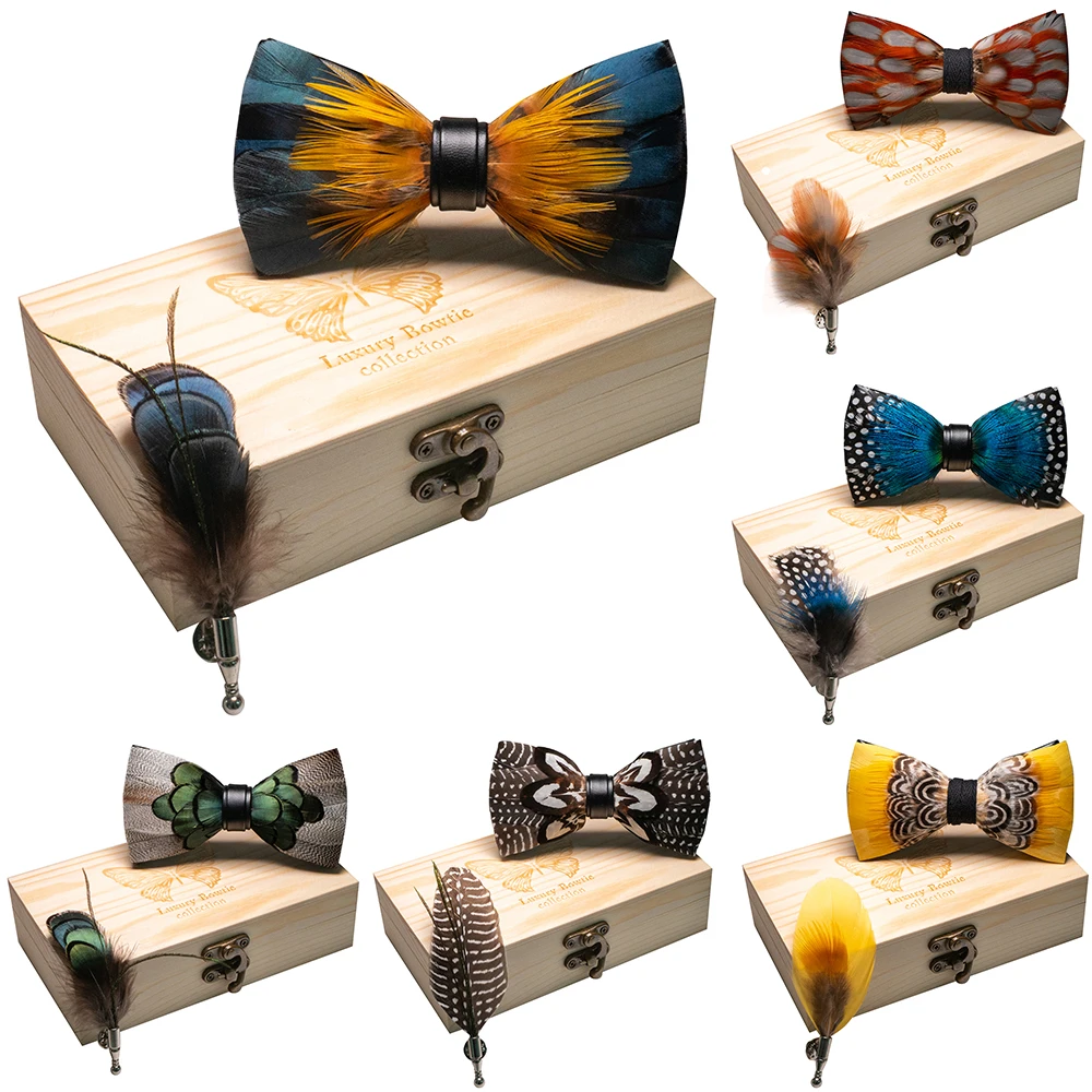 Italy Original Design Mens Bow Tie Fashion Peacock feather Bow tie Exquisite HandMade Bow Wooden Box Set For Men Party Wedding