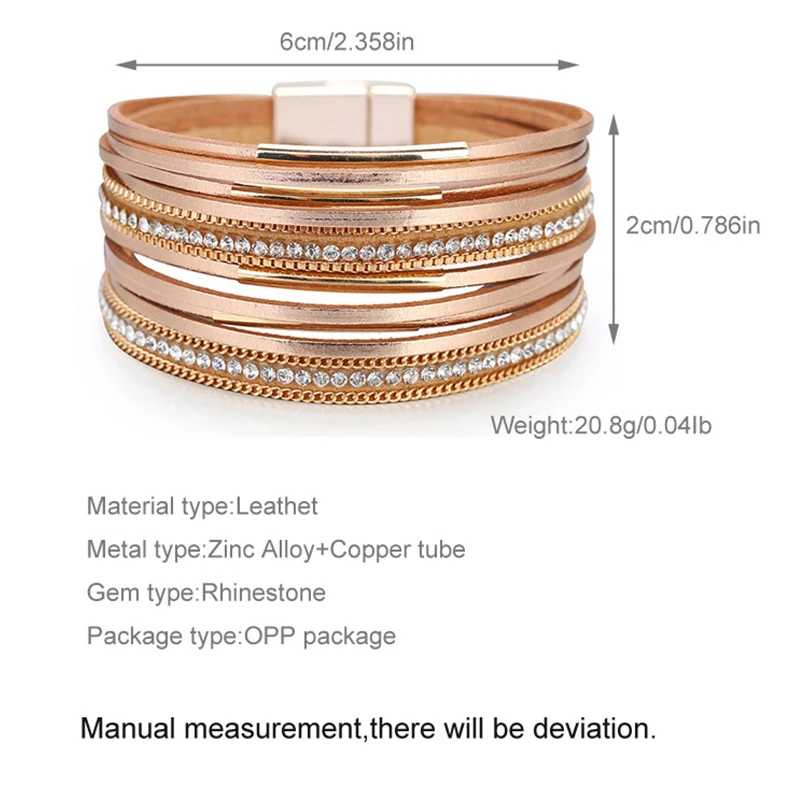 Amorcome Multilayer Leather Wrap Bracelet Handmade Braided Chain Metal Bar Cuff Bangle Magnet Buckle Bracelets for Women Girls