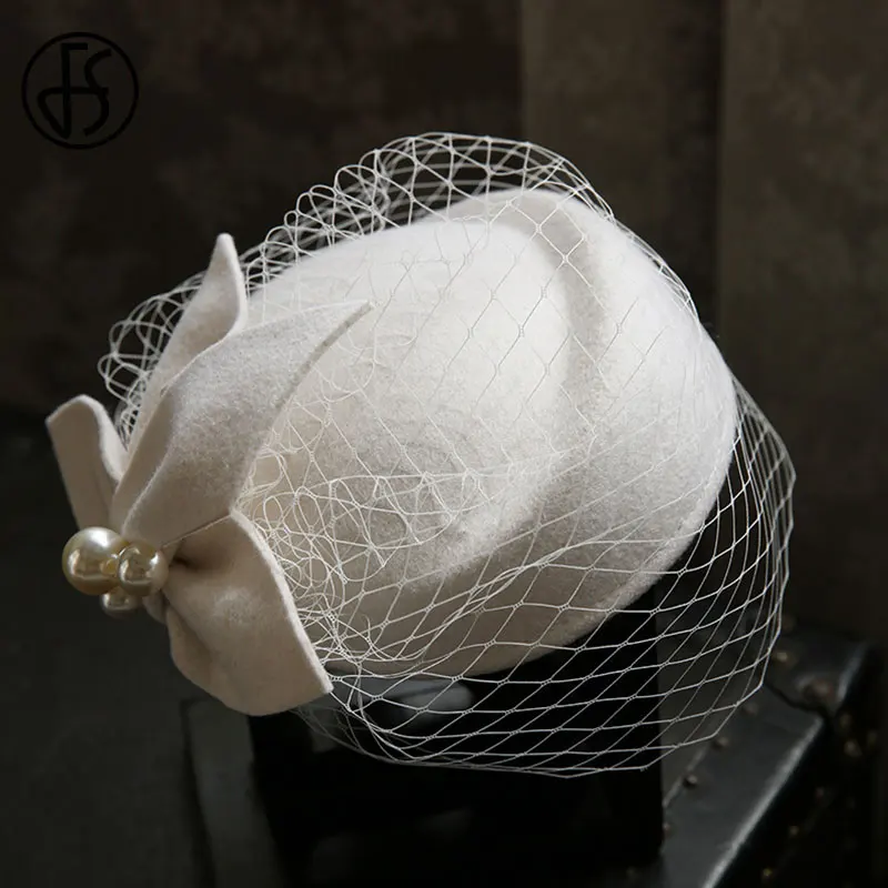 Béret en feutre de laine blanche pour femme, chapeau Fascinator vintage, élastique, voile de visage, patients, fête de mariage, fleur de perle, Fedora, hôtesse de l'air