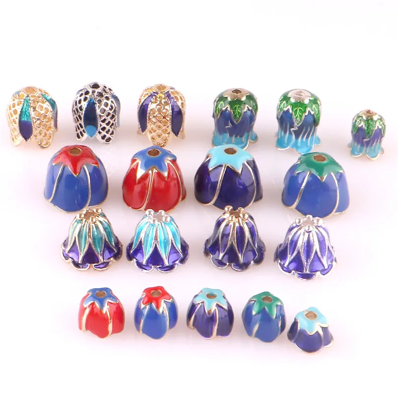 6pcs Enamel End Caps Charms Zinc Alloy Metal Bead Caps Cloisonne Bead Caps Copper Plated Flower Beads For Jewelry Findings