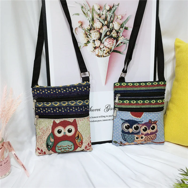 

Cartoon Owl Printed Flap Bag Shoulder Bag Casual Small Square Double Zipper Messenger Bag Women Ladies Canvas Bag