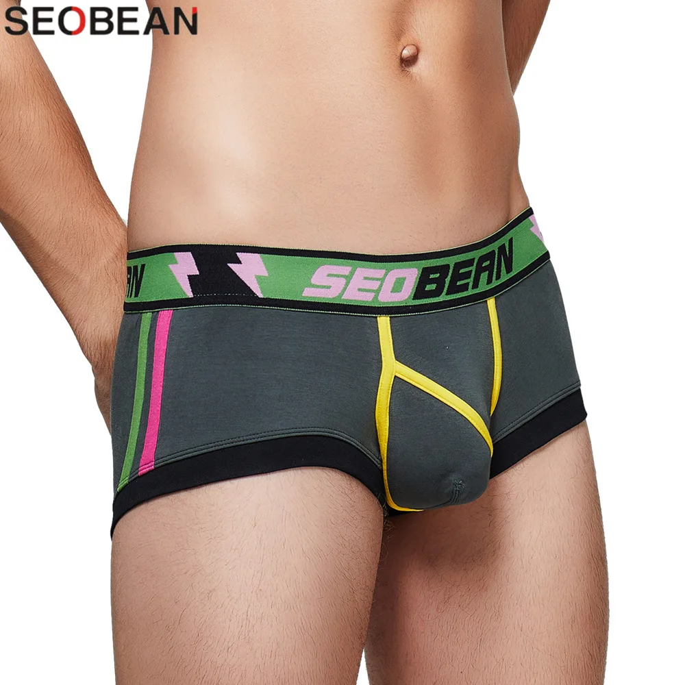 SEOBEAN Men\'s Underwear Boxers Low Waist Breathable Fashion Patchwork Boxer Shorts For Man U-convex Pouch Sexy Men Boxers