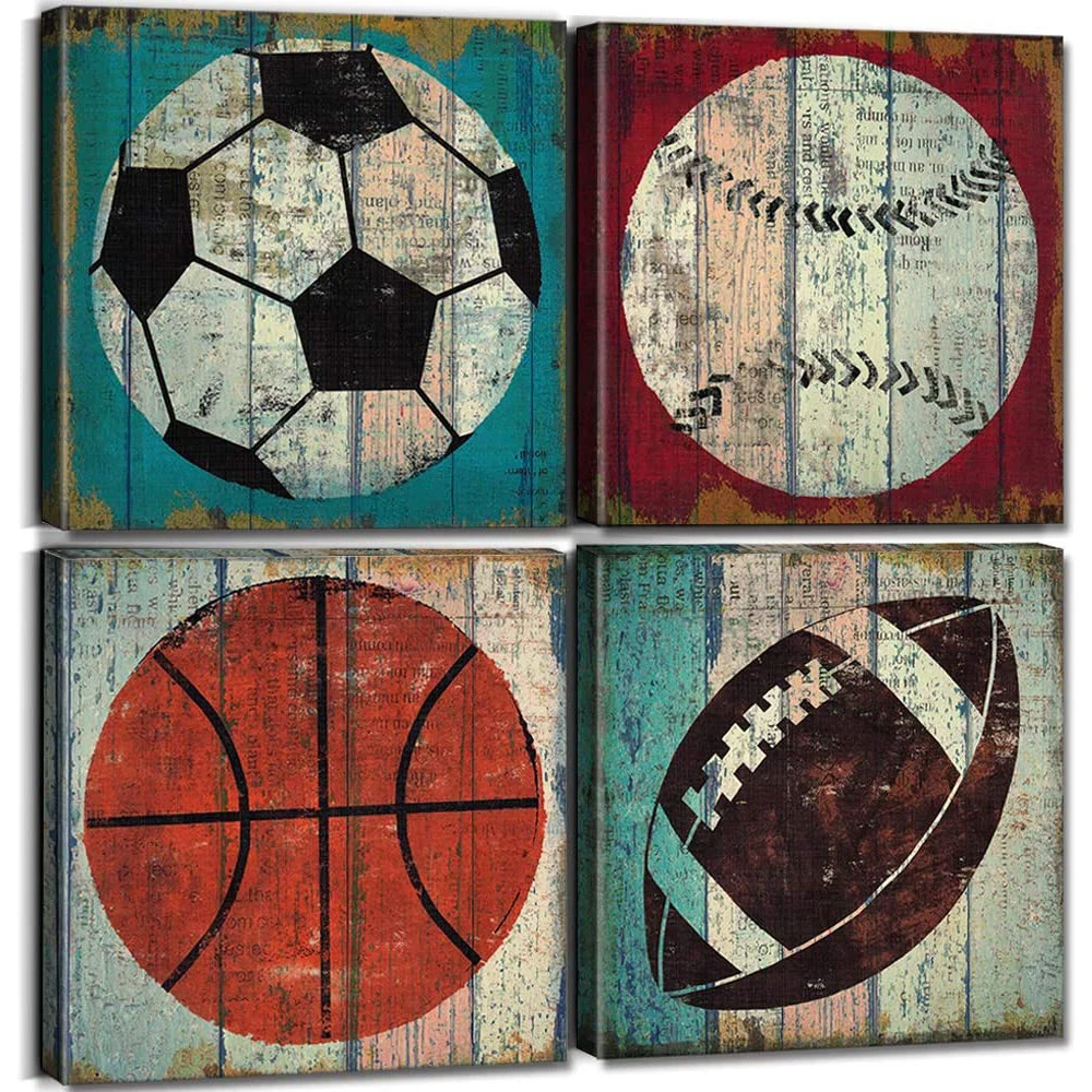 4 Pieces Basketball Rugby Football Baseball Posters Pictures Canvas Wall Art Home Decor Paintings for Kids Bedroom Decorations