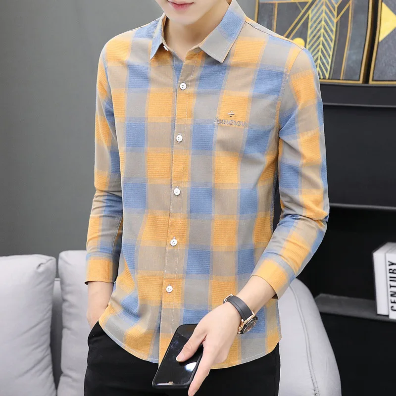 Spring New Men's Shirt Popular Lapel Korean Lattice Original Design Slim Student Soft Long Sleeve Trend Breathable Cardigan Top